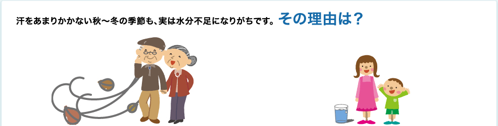 汗をあまりかかない秋~冬の季節も、実は水分不足になりがちです。その理由は? 1.乾燥する季節はきづかないうちに消費する水分が増えます(不感蒸泄)2.汗をかかないため水分を摂る機会が減ります